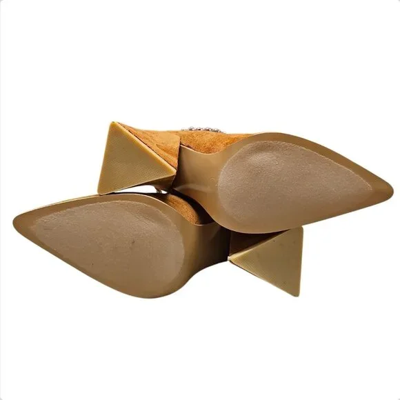 Tan Faux Suede Pointed Toe Ankle Boots With Silver Chain Detail & Block Heel - Picture 8 of 8